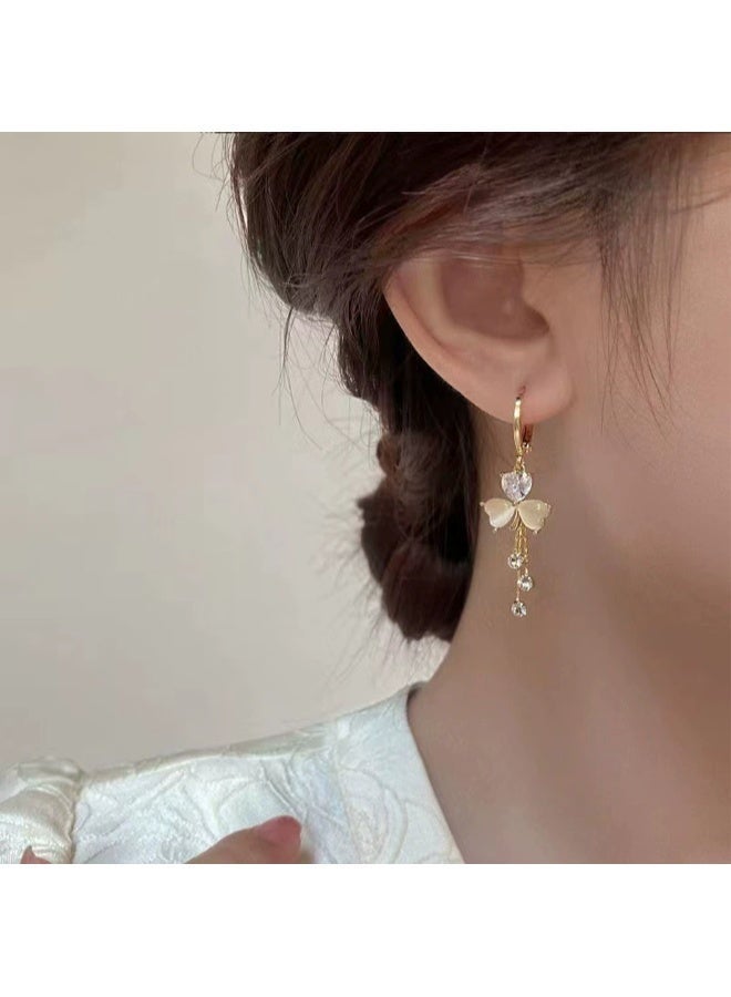 Gold Plated Women's Yellow Bow Earrings with Hanging Crystals Elegant Dainty Versatile for Daily & Special Occasions - Image 1